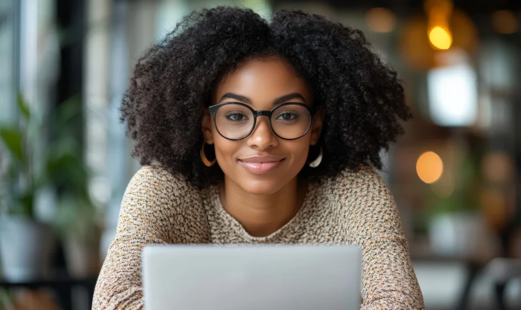 Femme souriante avec lunettes, accoudée à son ordinateur portable