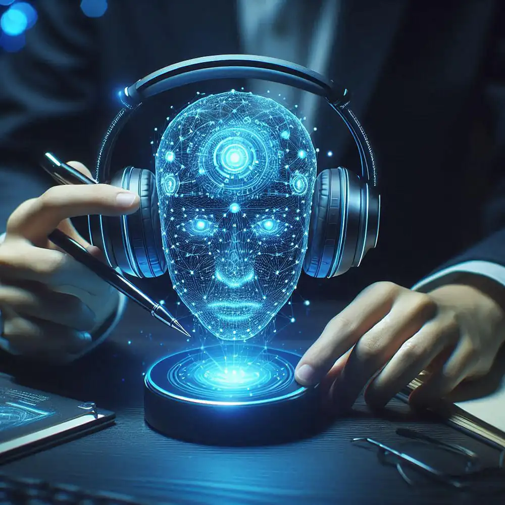 Illustration d'une intelligence artificielle représentée par un visage holographique avec casque audio