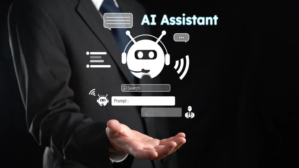 Illustration d'un assistant IA holographique avec icônes de recherche et de messagerie, homme d'affaires