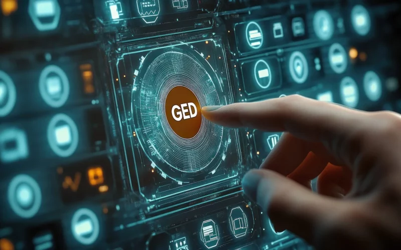 Illustration futuriste d'une main activant un bouton GED entouré de pictogrammes technologiques