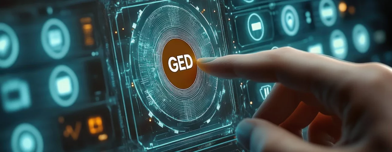 Illustration futuriste d'une main activant un bouton GED entouré de pictogrammes technologiques