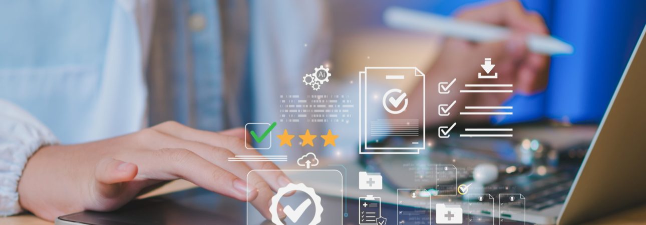 Concept healthcare compliance certification AI-powered checklist medical professional use tablet and stylus, showing stethoscope, approval icon, document, symbolizing quality assurance patient safety.